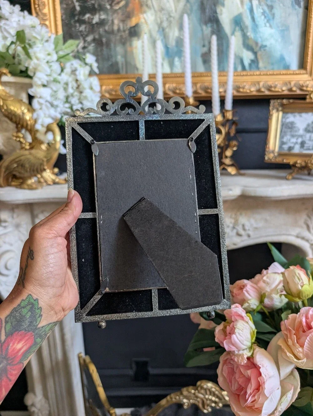 Vintage Ornate Italian Venetian-style mirrored tabletop picture frame,  hand-etc